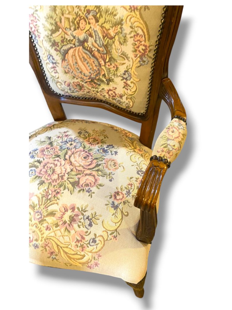 Vintage French Provincial Armchair Louis XV Style Tapestry Fauteuil Carved Wood Accent