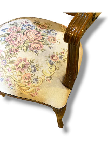 Vintage French Provincial Armchair Louis XV Style Tapestry Fauteuil Carved Wood Accent
