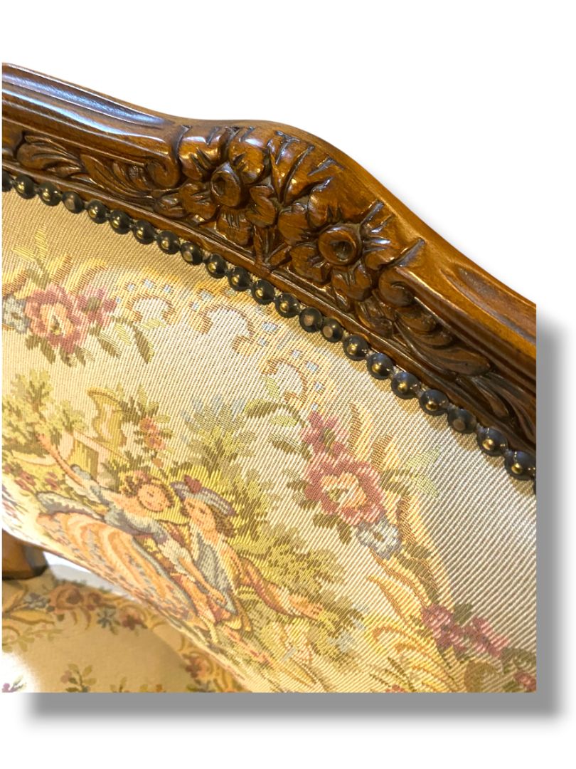 Vintage French Provincial Armchair Louis XV Style Tapestry Fauteuil Carved Wood Accent