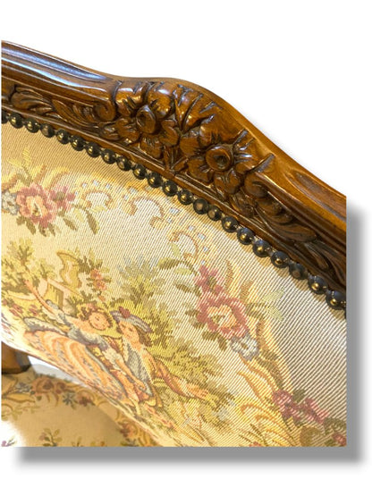 Vintage French Provincial Armchair Louis XV Style Tapestry Fauteuil Carved Wood Accent