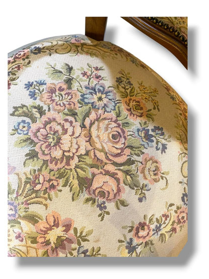 Vintage French Provincial Armchair Louis XV Style Tapestry Fauteuil Carved Wood Accent