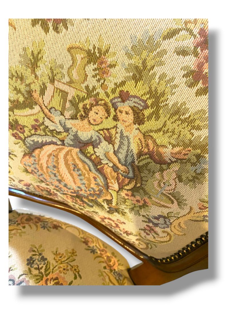 Vintage French Provincial Armchair Louis XV Style Tapestry Fauteuil Carved Wood Accent