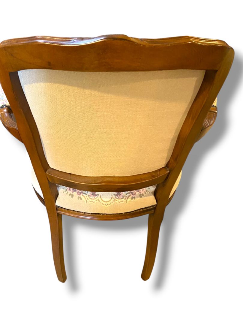 Vintage French Provincial Armchair Louis XV Style Tapestry Fauteuil Carved Wood Accent