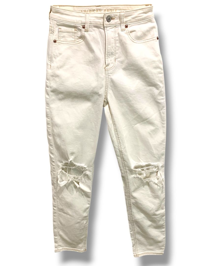 Size 0 American Eagle Womens White Stretch Jeans Distressed Denim