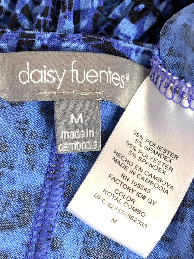 Medium Daisy Fuentes Blue V-Neck Sleeveless Print Dress Smocked Waist