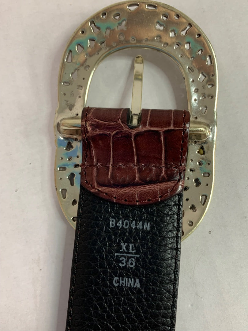 Size XL (36) Womens Brown Embossed Faux Leather Belt 1.5". Silvertone Buckle