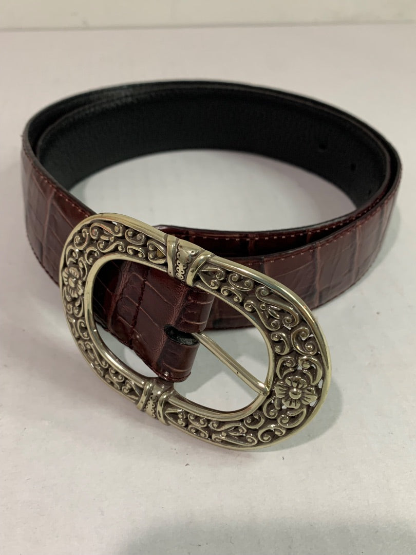 Size XL (36) Womens Brown Embossed Faux Leather Belt 1.5". Silvertone Buckle
