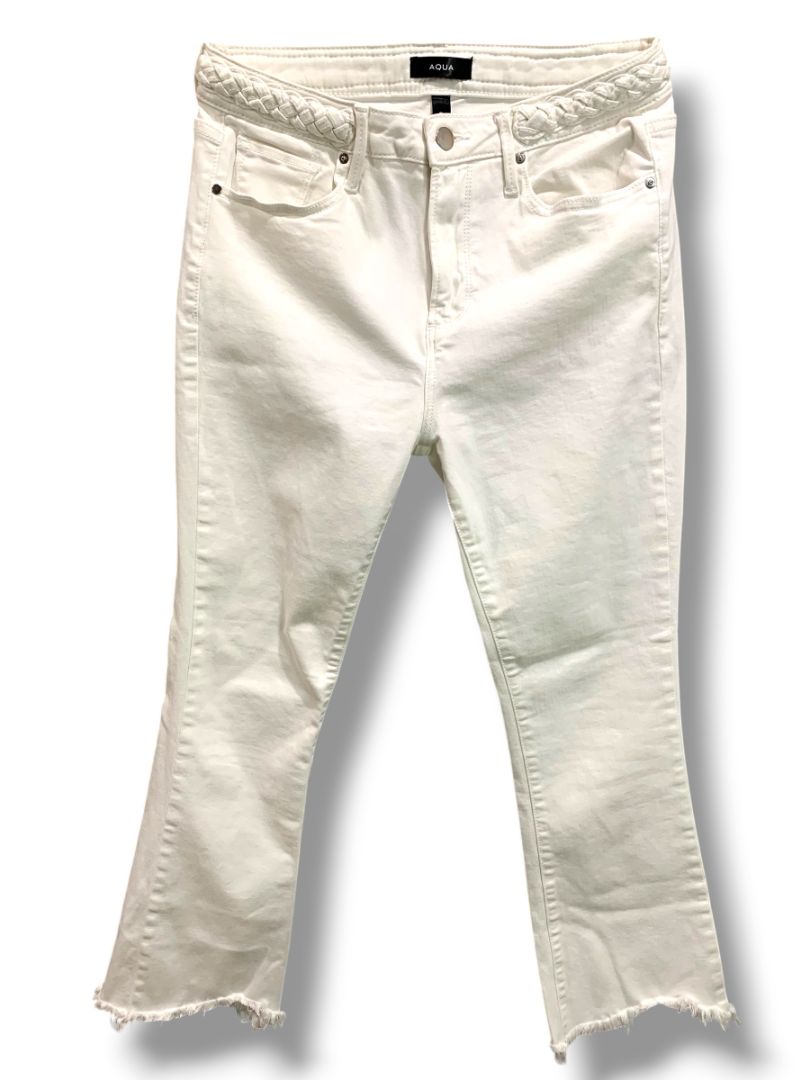 Size 28 Aqua White Stretch Denim Jeans Womens Straight Leg Raw Hem Crop