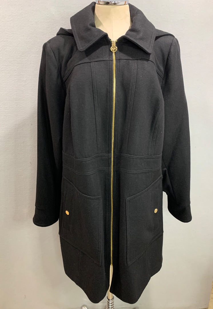 Size 1X Michael Kors Womens Black Wool Blend Coat Goldtone Zip