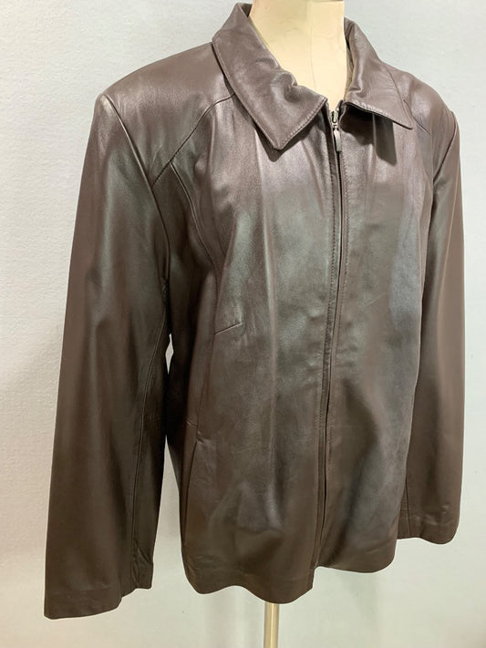 Size 22W Style & Co Womens Chocolate Brown Leather Jacket Zip Up