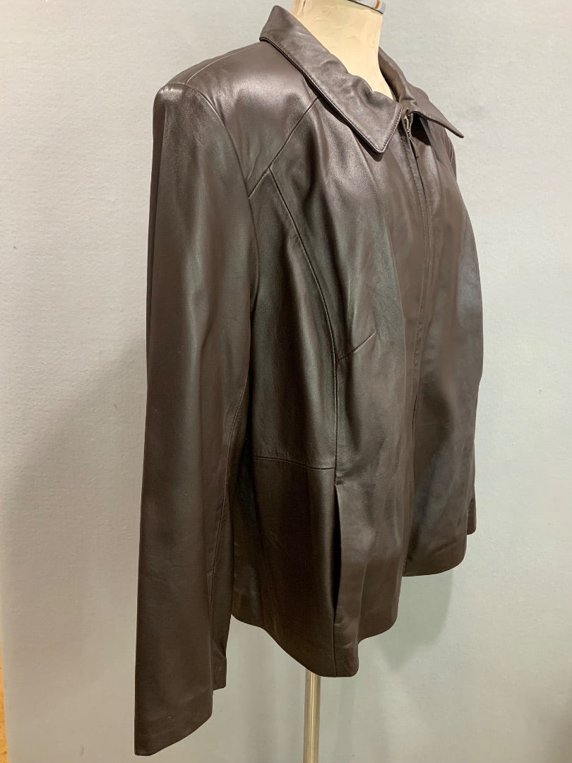 Size 22W Style & Co Womens Chocolate Brown Leather Jacket Zip Up