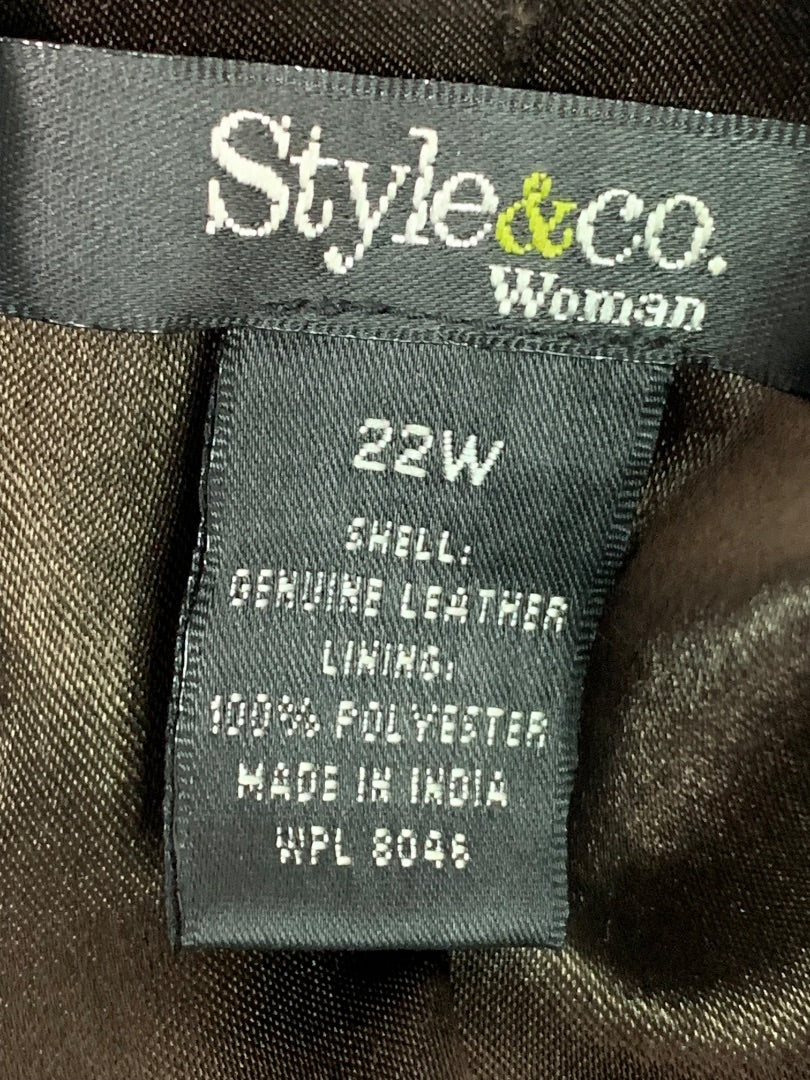 Size 22W Style & Co Womens Chocolate Brown Leather Jacket Zip Up