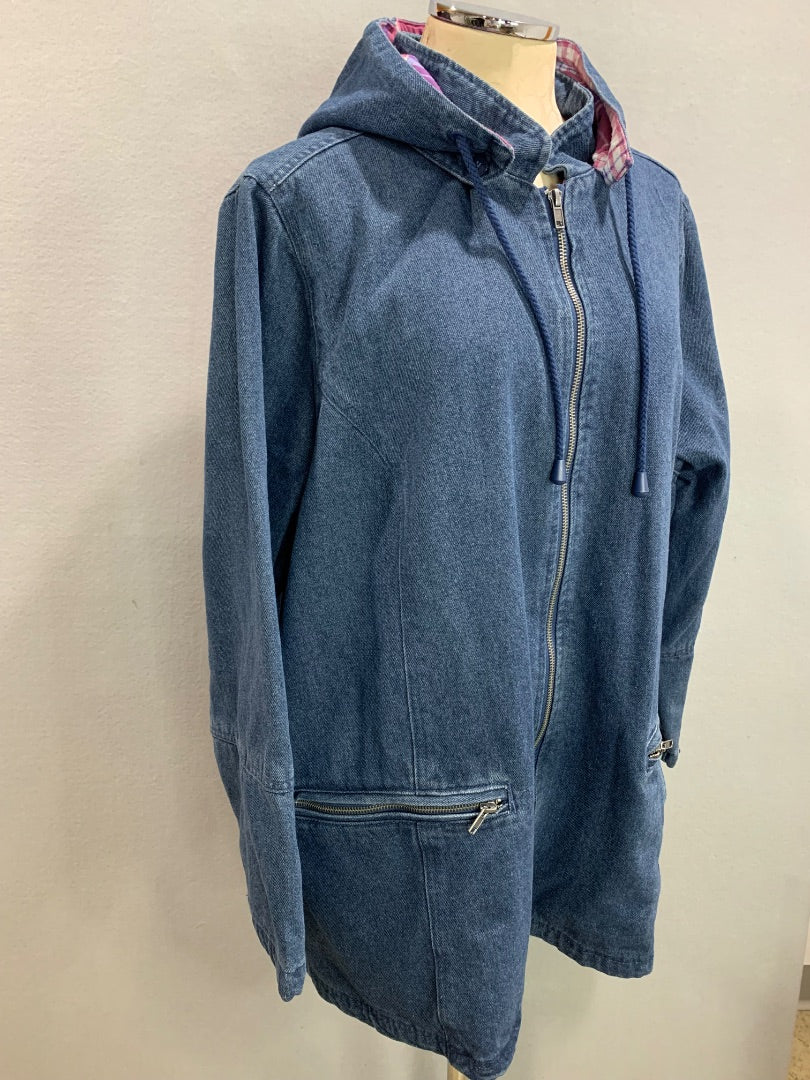 Size 1X (22/24) Woman Within Zip Up Flannel Lined Hooded Denim Coat New