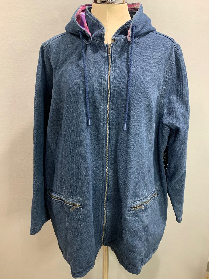 Size 1X (22/24) Woman Within Zip Up Flannel Lined Hooded Denim Coat New