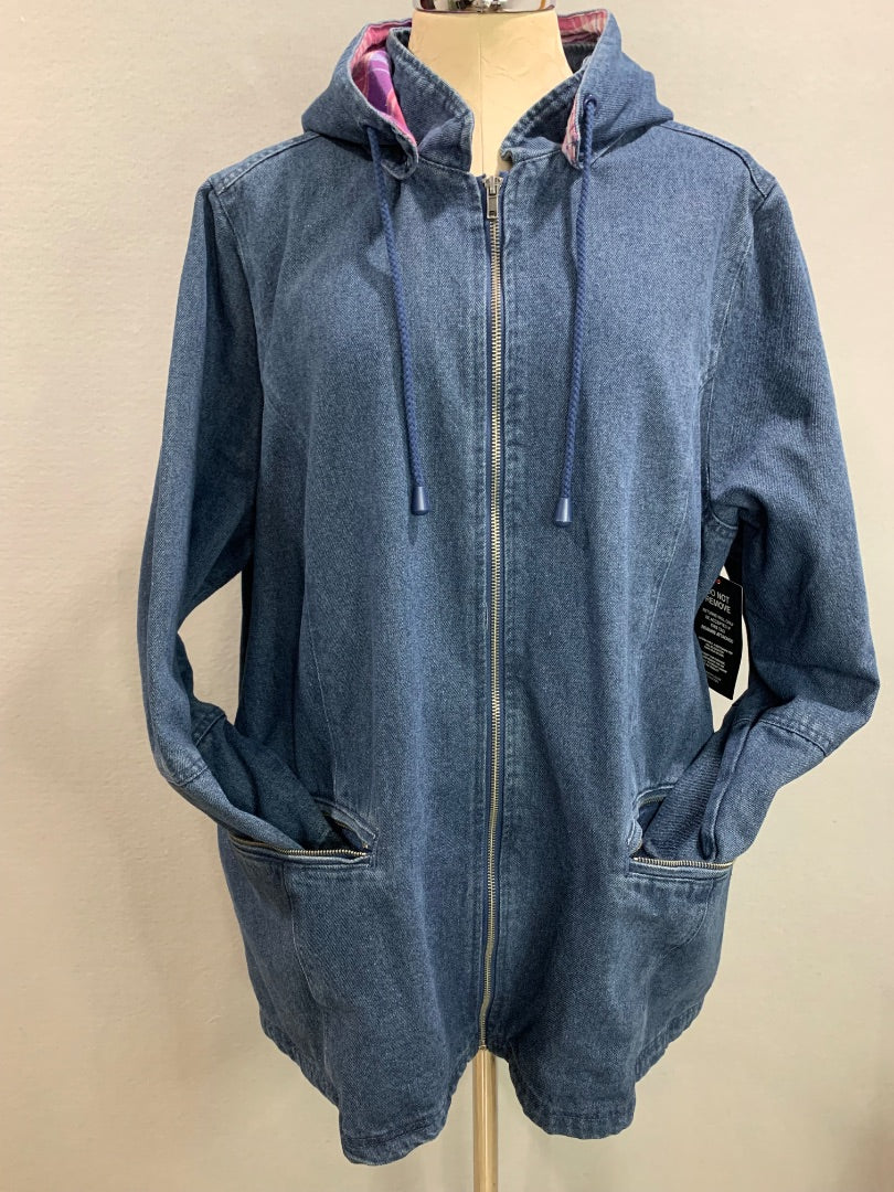 Size 1X (22/24) Woman Within Zip Up Flannel Lined Hooded Denim Coat New
