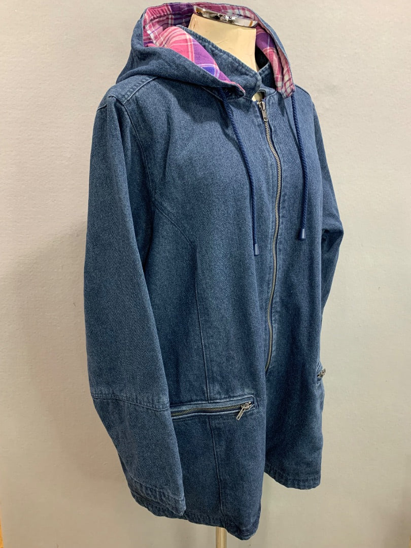 Size 1X (22/24) Woman Within Zip Up Flannel Lined Hooded Denim Coat New