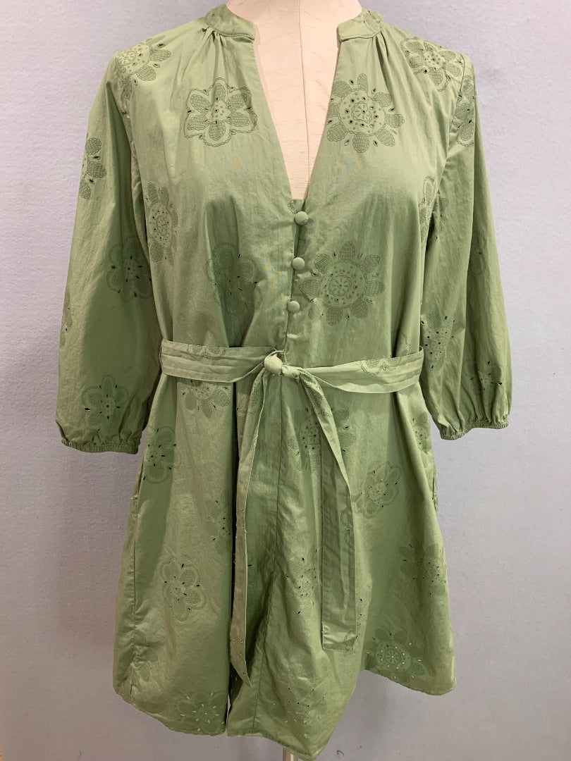 Medium Cynthia Rowley Sage Green Eyelet Poplin Cotton Belted Dress