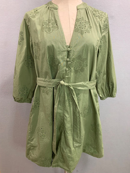 Medium Cynthia Rowley Sage Green Eyelet Poplin Cotton Belted Dress