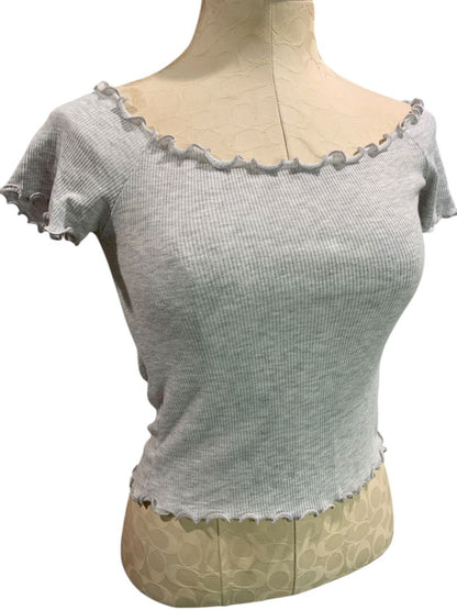 One Size Brandy Melville Womens Gray Ribbed Tshirt Off Shoulder Frill Trim