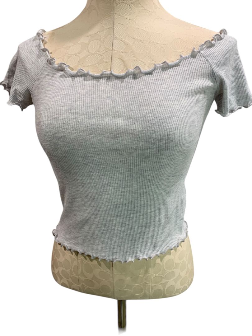 One Size Brandy Melville Womens Gray Ribbed Tshirt Off Shoulder Frill Trim