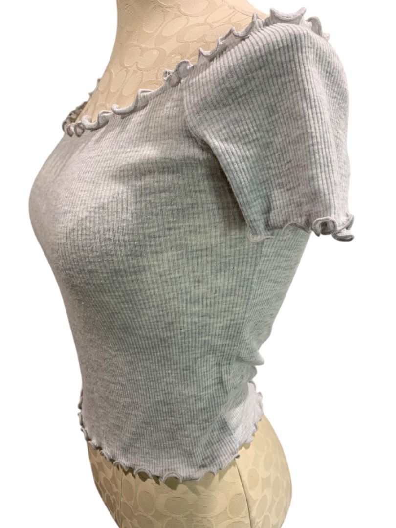 One Size Brandy Melville Womens Gray Ribbed Tshirt Off Shoulder Frill Trim