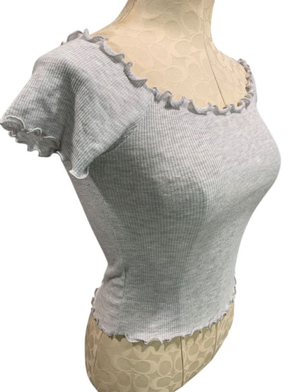 One Size Brandy Melville Womens Gray Ribbed Tshirt Off Shoulder Frill Trim