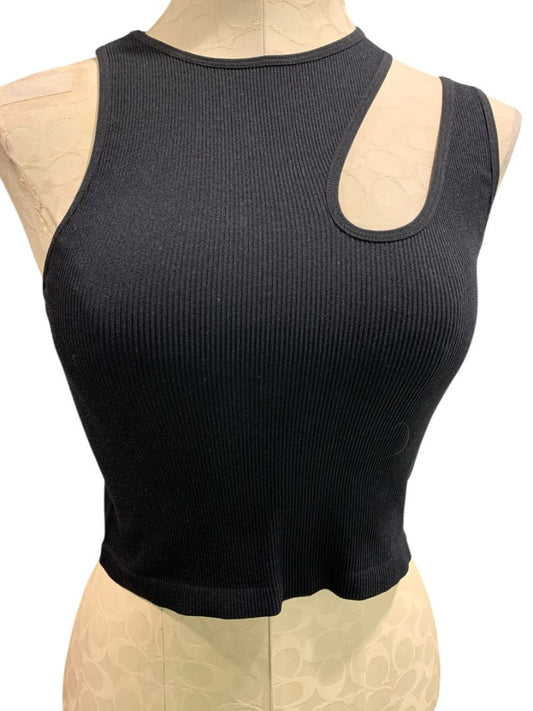 One Size Suzette Womens Black Tank Ribbed Crop Asymmetrical Cutout