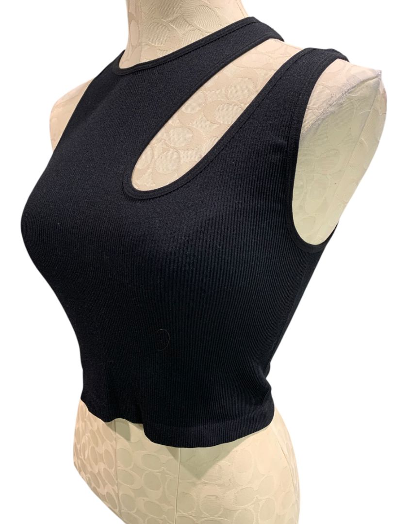 One Size Suzette Womens Black Tank Ribbed Crop Asymmetrical Cutout