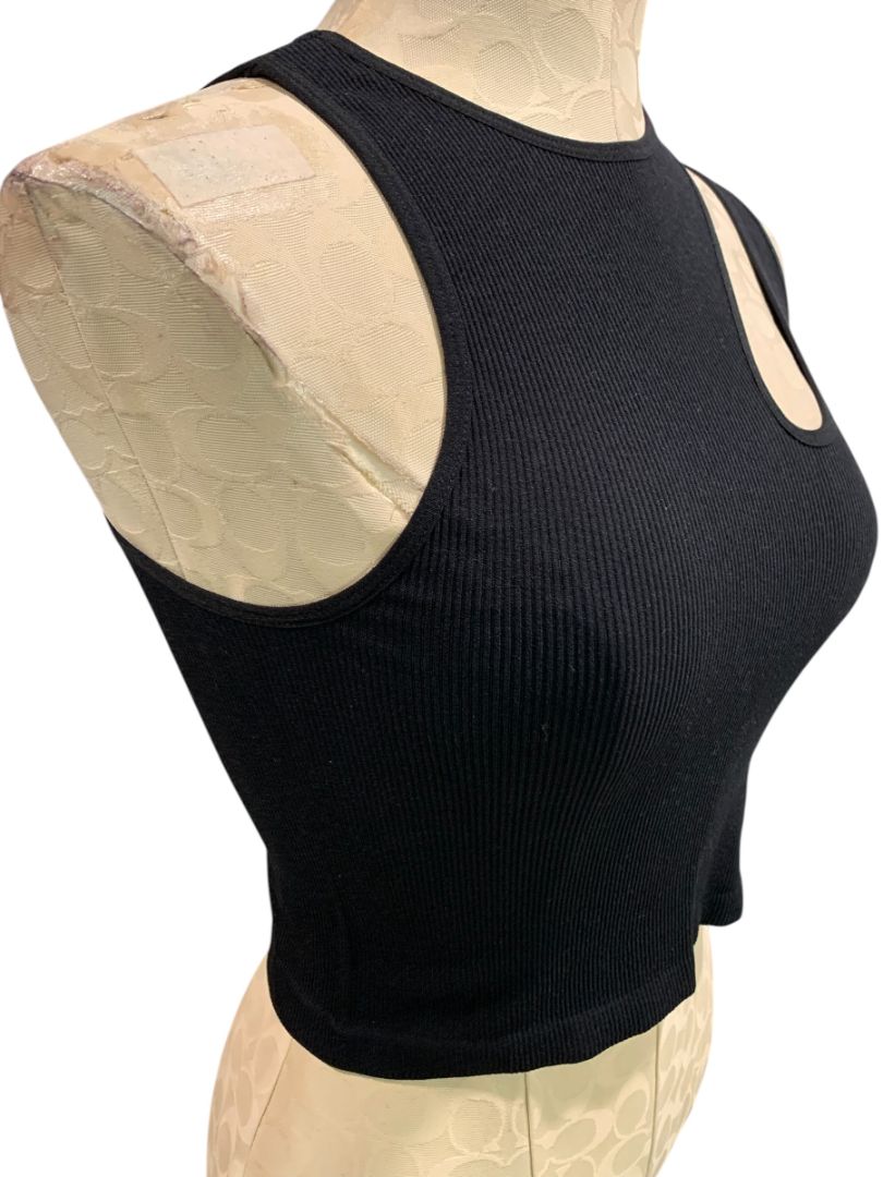 One Size Suzette Womens Black Tank Ribbed Crop Asymmetrical Cutout