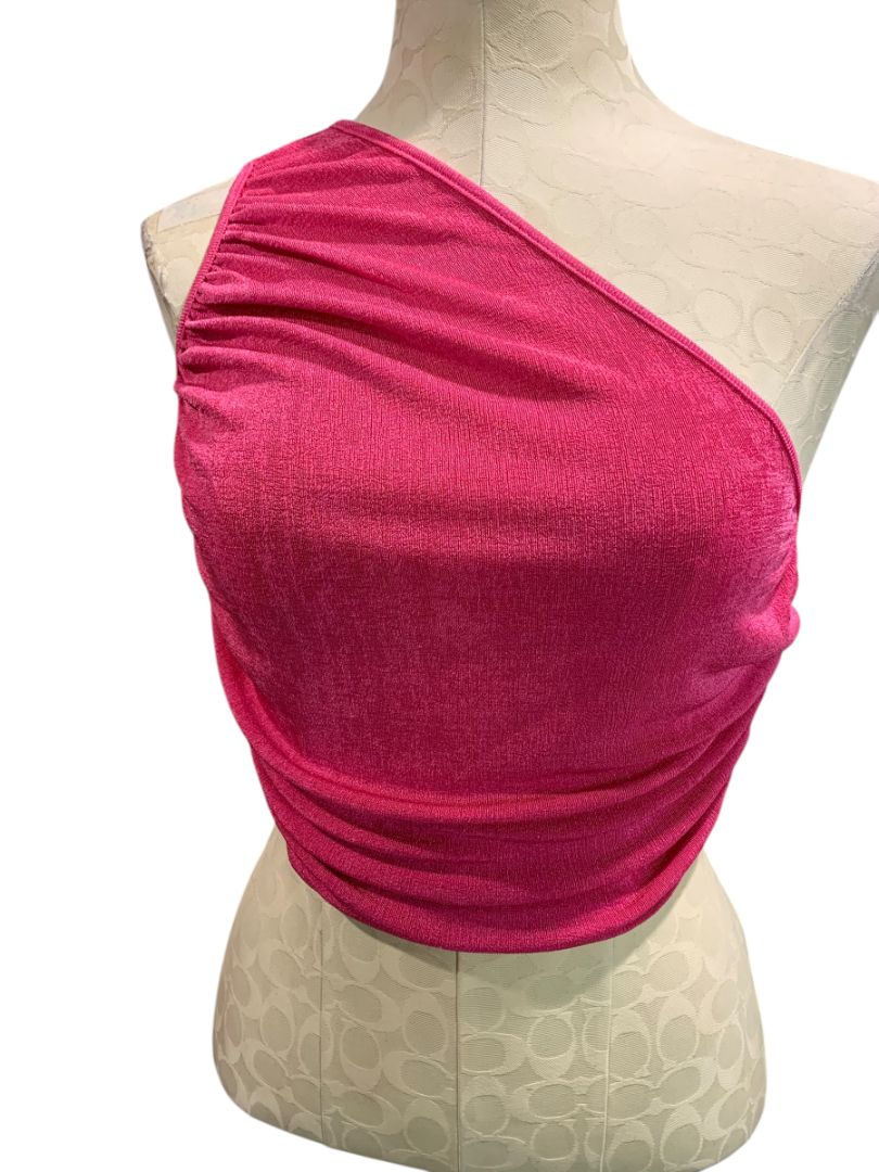 Large Hello Molly Womens One Shoulder Hot Pink Stretch Crop Shirt