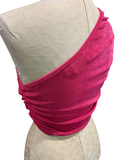 Large Hello Molly Womens One Shoulder Hot Pink Stretch Crop Shirt