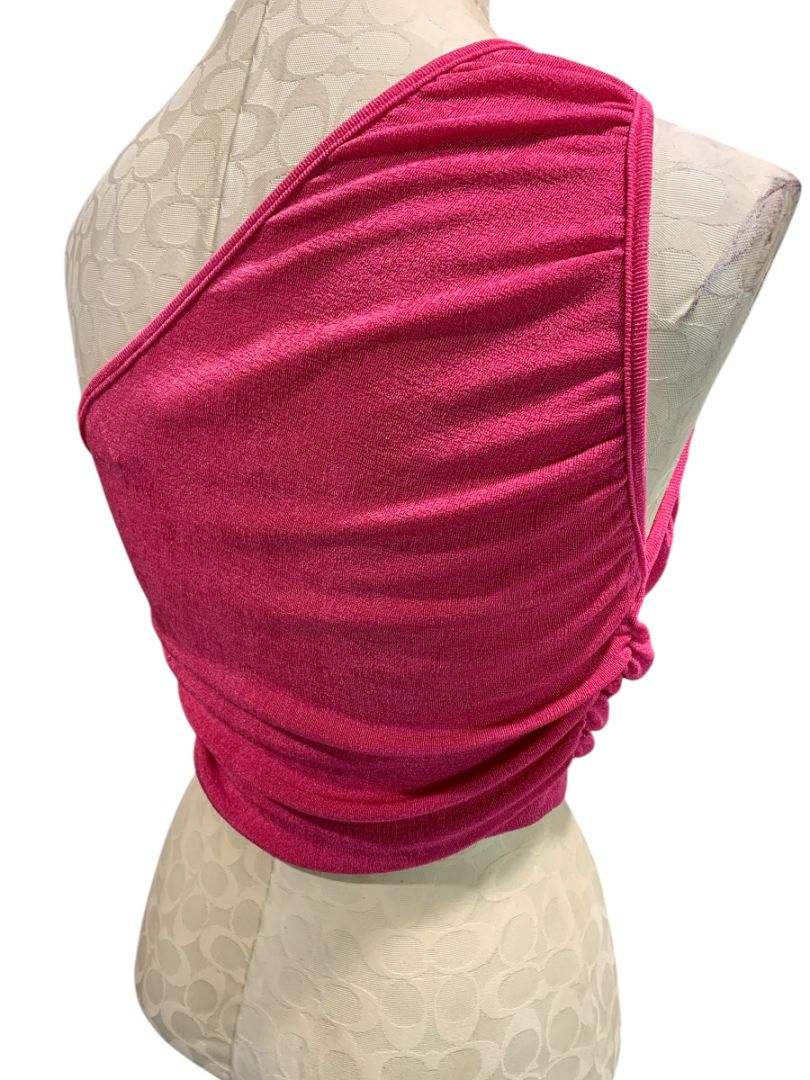 Large Hello Molly Womens One Shoulder Hot Pink Stretch Crop Shirt