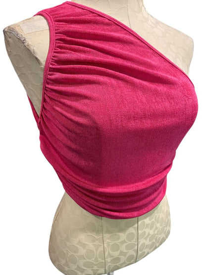 Large Hello Molly Womens One Shoulder Hot Pink Stretch Crop Shirt