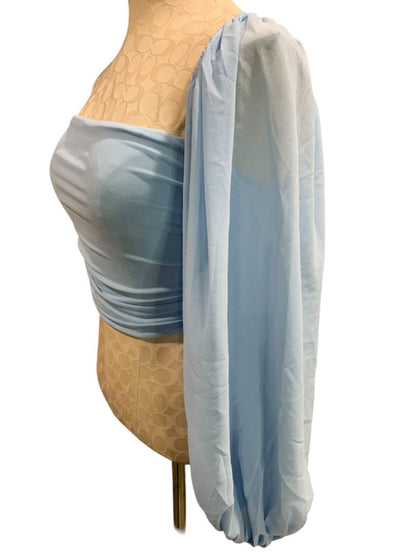 Large Hello Molly Womens One Sleeve Light Blue Cropped Shirt Strapless