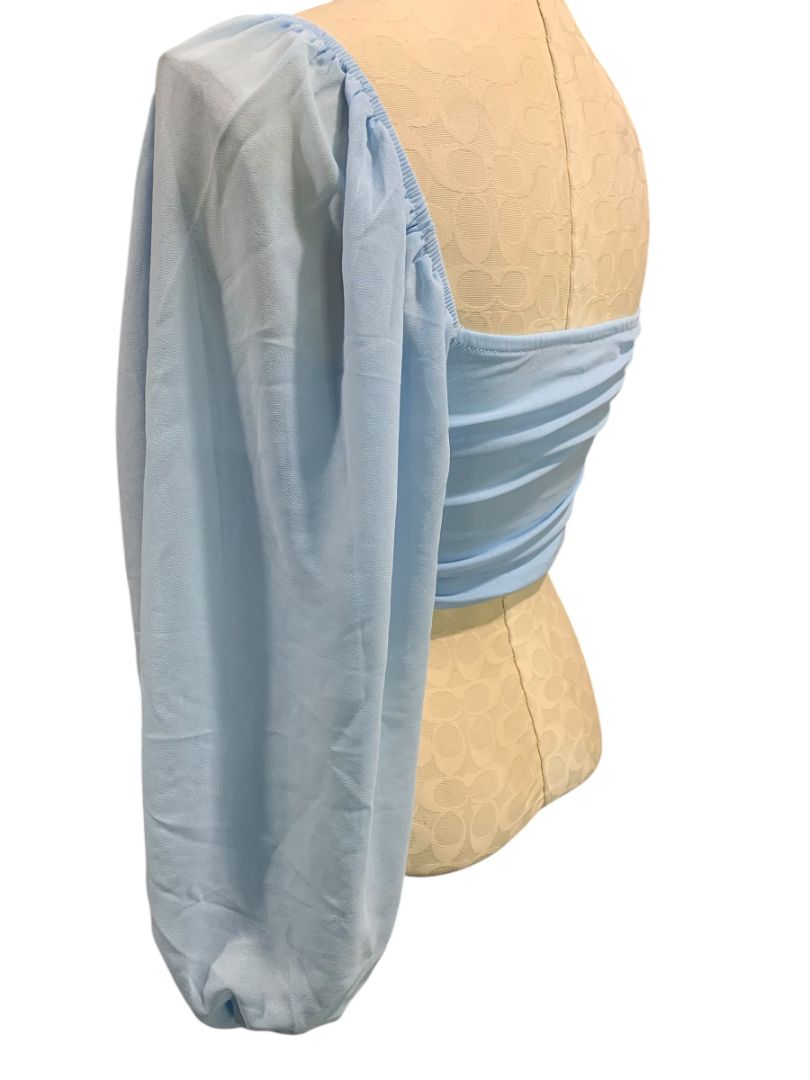Large Hello Molly Womens One Sleeve Light Blue Cropped Shirt Strapless
