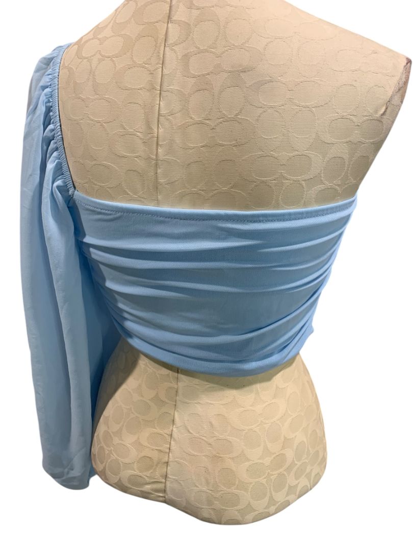 Large Hello Molly Womens One Sleeve Light Blue Cropped Shirt Strapless