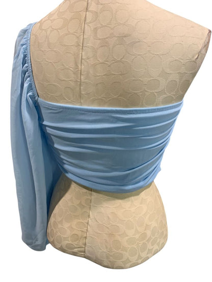 Large Hello Molly Womens One Sleeve Light Blue Cropped Shirt Strapless