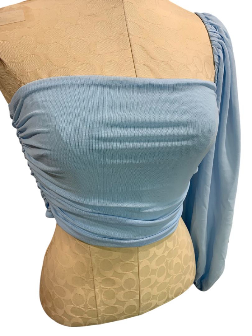 Large Hello Molly Womens One Sleeve Light Blue Cropped Shirt Strapless