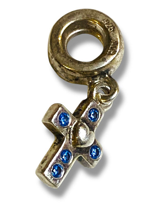 Pandora Sterling Silver 925 Dangling Cross Charm Slide Bead Blue Cubic Zirconia