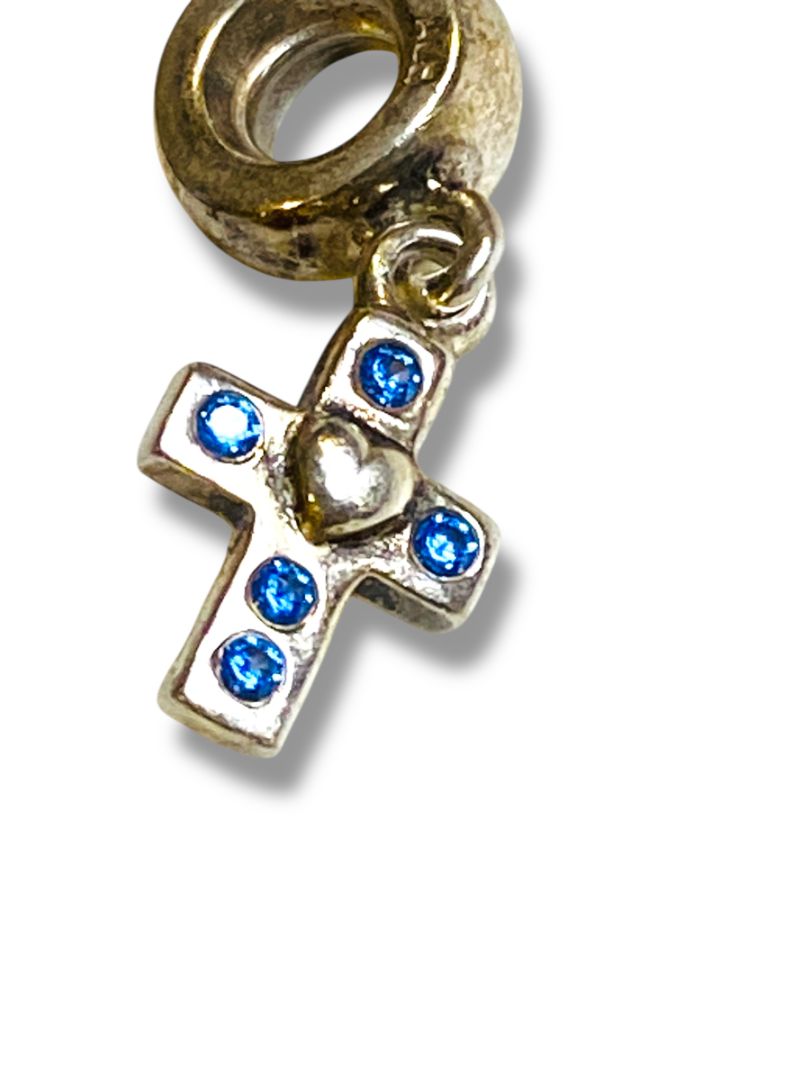 Pandora Sterling Silver 925 Dangling Cross Charm Slide Bead Blue Cubic Zirconia
