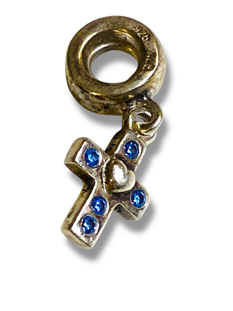 Pandora Sterling Silver 925 Dangling Cross Charm Slide Bead Blue Cubic Zirconia