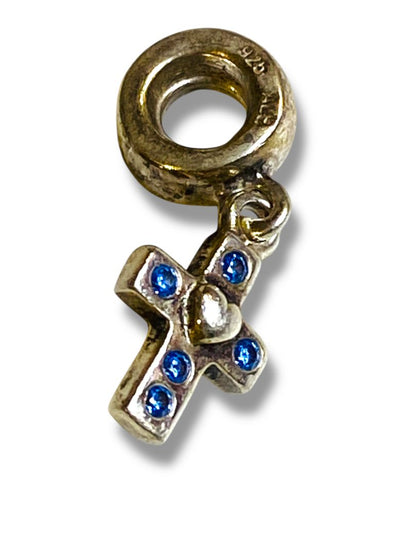 Pandora Sterling Silver 925 Dangling Cross Charm Slide Bead Blue Cubic Zirconia