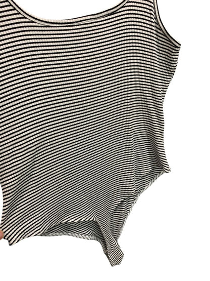 Large Garage Ribbed Knit Bodysuit Black White Sleeveless Stripe Snap Closure