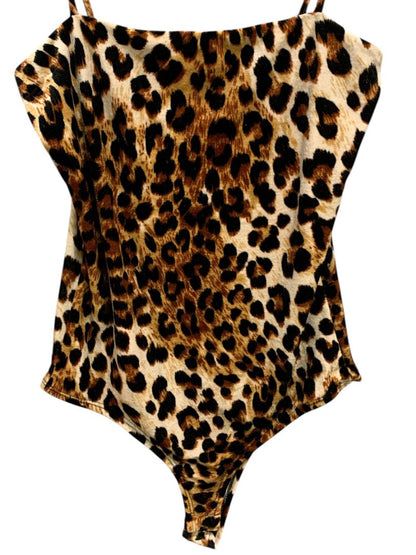 Medium Fashion Nova Leopard Print Velour Body Suit Spaghetti Strap