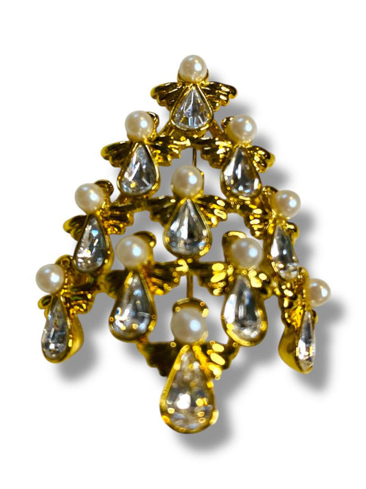Goldtone Christmas Tree Brooch Angels 2" Crystal