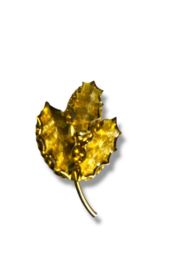 Vintage Goldtone Brooch Pin Holly Leaves Sprig 2.6"