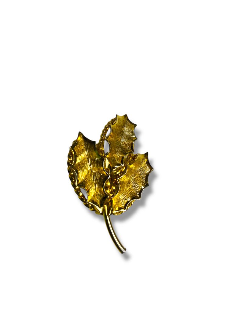 Vintage Goldtone Brooch Pin Holly Leaves Sprig 2.6"