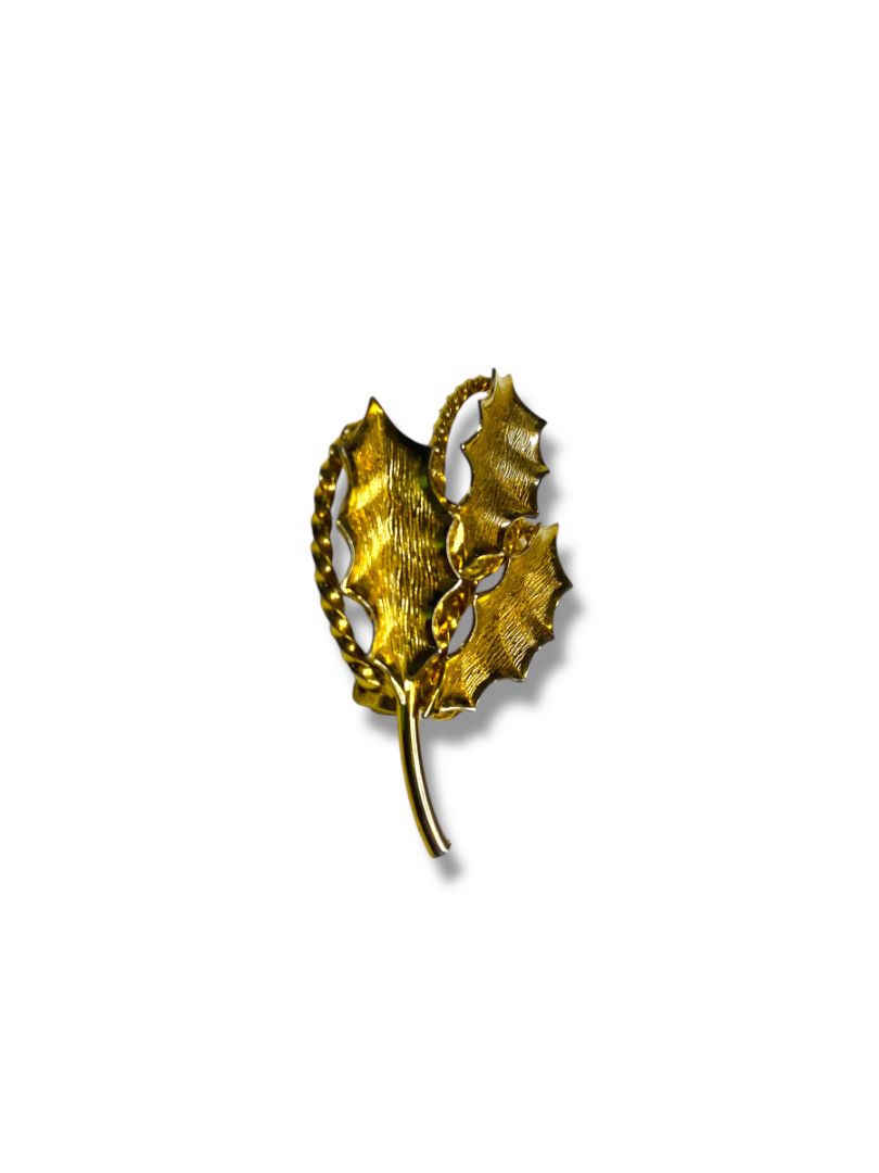 Vintage Goldtone Brooch Pin Holly Leaves Sprig 2.6"