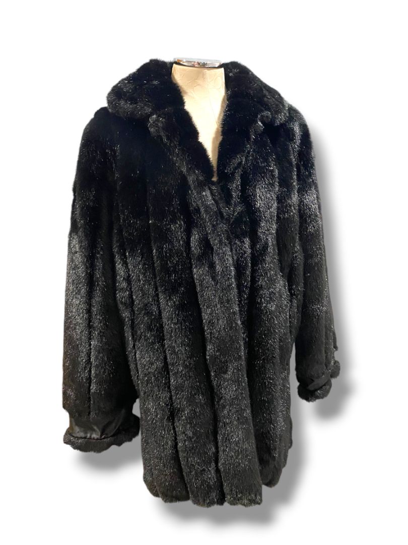 Medium Dennis Basso Womens Faux Fur Black Jacket Hook Closure