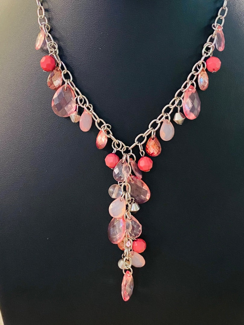Silvertone Necklace Pink and Mauve Acrylic Faceted Beads 16-19" with 3" Drop
